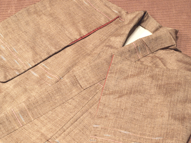 紬 真綿手紡ぎ糸 桑染地横絣文様袷：アンティークのきものと帯 風楽
